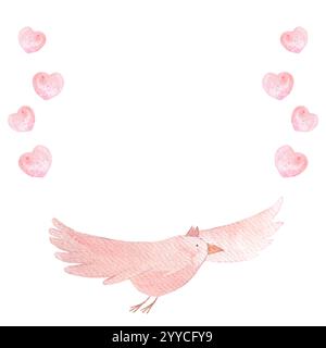 Niedlicher Vogel, der zwischen rosa Herzen fliegt, handgemalter Aquarellrahmen isoliert auf weiß. Hochwertige pinkfarbene Clip Art im Cartoon Stil, ideal für Kinder Profi Stockfoto