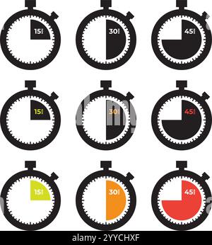 Stoppuhr-Symbolgruppe. Symbole für Countdown-Timer. Vektorabbildung Stock Vektor