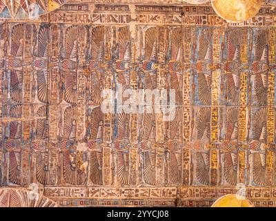 Decke mit Hieroglypheninschriften im Khnum-Tempel in Esna, Ägypten - Detailaufnahme Stockfoto