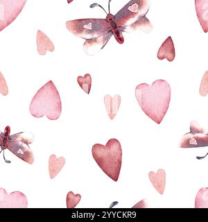 Nahtloses Aquarellmuster zum Valentinstag mit Herzen und Schmetterlingen. Stockfoto