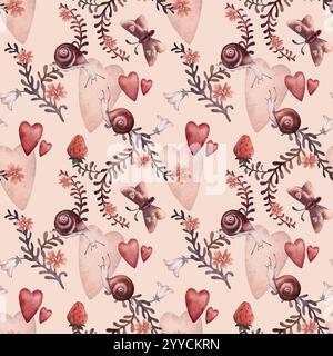 Nahtloses Valentinstag-Muster mit Herzen, Blumen, Schnecken, Schmetterlingen, Erdbeeren Stockfoto