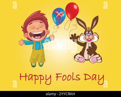 Cartoon eines Jungen und eines Kaninchens mit einem Ballon. Der Junge lächelt und das Kaninchen winkt. Das Bild trägt den Titel „Happy Fools Day“. Verspielte April-Narren Stock Vektor