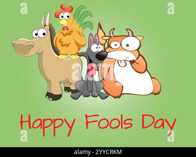 Cartoon eines Pferdes, Huhns, Hundes und einer Kuh mit den Worten Happy Narols Day unten. Verspielter April-Fools-Day Humor Happiness Joy Bizarrer Event-Clip Stock Vektor