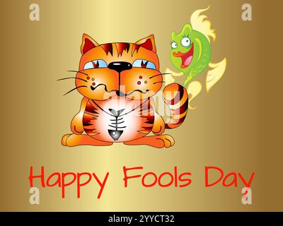 Eine Katze mit Halskette sitzt neben einem Fisch. Das Bild trägt den Titel „Happy Narols Day“. Verspielter April-Narrentag Humor Glück Freude bizarres Ereignis C Stock Vektor