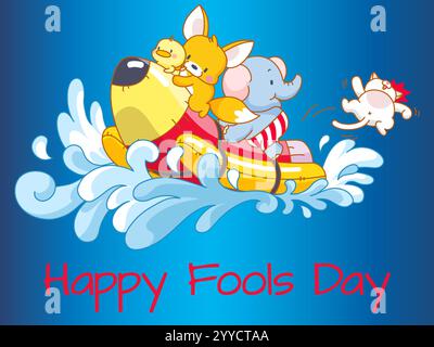 Cartoon eines Hundes, einer Katze und eines Elefanten, der auf einem Floß auf einem Gewässer reitet. Der Titel lautet Happy Narols Day. Verspielter April-Narrentag Humor Glück Freude Stock Vektor