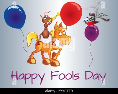 Cartoon eines Pferdes und einer Ameise, die auf einem Ballon mit einem Vogel im Hintergrund reiten. Das Bild trägt den Titel Happy Fools Day. Verspielter Aprilfools Day Humor Happ Stock Vektor