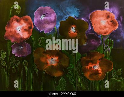 Psychedelischer Garten mit trippigen hellen Mohnblumen in verschiedenen Farben. Die Dabbing-Technik in der Nähe der Kanten sorgt aufgrund der veränderten s für einen weichen Fokus Stockfoto