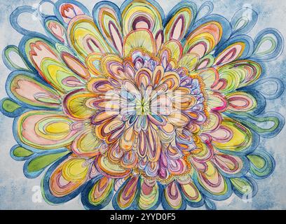 Dekorative Mandala mit Blumenmuster in hellen Farben. Die Dabbing-Technik in der Nähe der Kanten sorgt aufgrund der veränderten Oberflächenrauheit für einen weichen Fokus Stockfoto