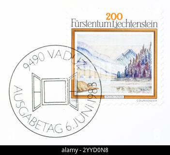 Gestempelte Briefmarke von Liechtenstein, die Landschaftsmalerei von Anton Ender zeigt, um 1983. Stockfoto