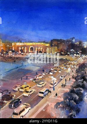 Jerewan Armenien Stadtbild am Nachtplatz der Republik bunte Aquarellmalerei Reise-Wohnkultur Stockfoto