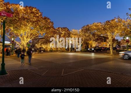 Georgetown, TX - 19. Dezember 2024: Shopping mit den Weihnachtslichtern im Stadtzentrum von Courthouse Square in Texas Stockfoto