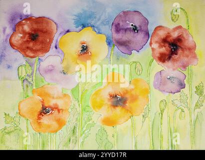 Feld mit hellen Mohnblumen in verschiedenen Farben. Die Dabbing-Technik in der Nähe der Kanten sorgt aufgrund der veränderten Oberflächenrauheit von für einen weichen Fokus Stockfoto