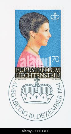 Gestempelte Briefmarke, gedruckt von Liechtenstein, mit Porträt von Prinzessin Marie Aglae, um 1984. Stockfoto