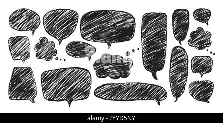 Sprechblasen eingestellt. Kreide-Kritzelformen. Chat-Dialogfelder. Comic Talk Wolken mit Kreide oder Bleistift isoliert auf weißem Hintergrund. Zitate im kindlichen Stil Stock Vektor