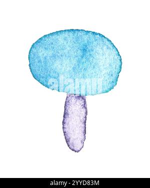 Aquarell-blaue Pilze mit einem zarten lila Stiel mit einer wunderbaren und traumhaften Atmosphäre auf weißem Hintergrund. Stockfoto
