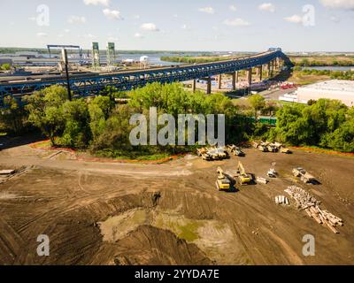 April 2023. Ein Luftbild von Überschwemmungen im FDR Park, verursacht durch schlechten Flood Plain Managent und Rodung der Wiesen. Foto: Chris Baker Evens. Stockfoto