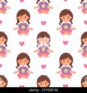 Nahtloses Muster mit niedlichem Mädchenkind mit Zöpfen Haarart Meditieren sitzend in Asana auf weißem Hintergrund mit rosa Herz. Vektorabbildung in fl Stock Vektor
