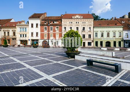 BRASOV (RUMÄNIEN) - der Ratsplatz (Piața Sfatului) in Brașov ist ein pulsierendes historisches Zentrum, umgeben von farbenfrohen Gebäuden und der berühmten Schwarzen Kirche, Stockfoto