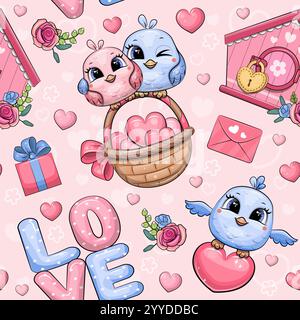 Nahtloses Valentinstag-Muster mit niedlichen Zeichentrickvögeln und rosa Herzen. Urlaub Vektor-Illustration auf einem rosa Hintergrund mit Tieren, Vogelhaus. Stock Vektor