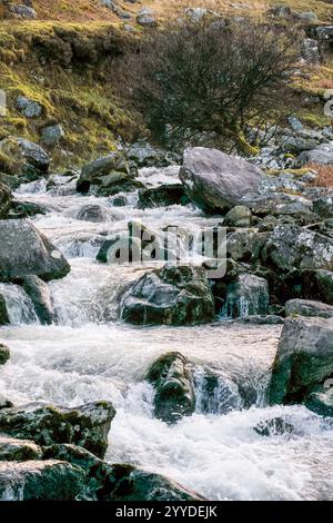 Klares Wasser fließt schnell über ein Bett aus dunklen Felsen. Ein blattloser Baum sitzt zwischen Felsen neben dem Fluss. Das Land neigt sich sanft nach oben zu entfernten Hügeln Stockfoto