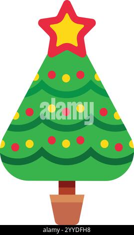 Ein einfacher, stilisierter weihnachtsbaum mit gelben und roten Sternen und bunten Kugeln wächst im Topf und feiert weihnachten, Winterferien und Neujahr Stock Vektor