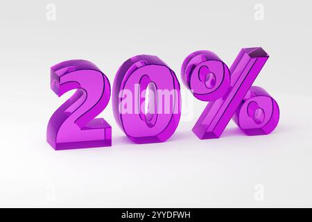 Beschriftung aus Glas 20 Prozent auf grauem Podium, sanftes Licht, Vorderansicht glatter Hintergrund, 3D-Rendering Stockfoto