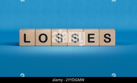 Holzwürfel mit VERLUSTWORT auf Holztisch. Geschäftskonzept für finanzielle Verluste. Gedächtnisverlust Demetia psychische Gesundheitskonzepte. Business Concept.3D-Rendering Stockfoto