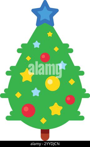 Stilisierter weihnachtsbaum mit bunten Kugeln und Sternen in verschiedenen Farben und Größen, gekrönt von einem großen blauen Stern, der weihnachten bringt Stock Vektor