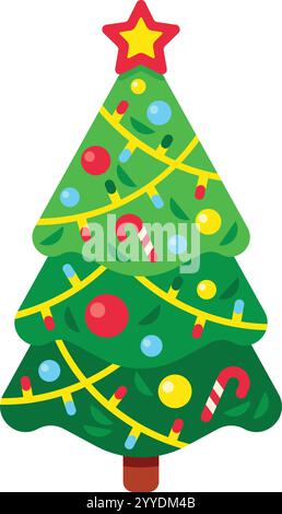 Der mit Stern, Kugeln, Zuckerstangen und Lichtern verzierte Weihnachtsbaum steht vertikal auf weißem Hintergrund und repräsentiert Feiertage, Winter und Stock Vektor