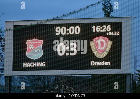 Unterhaching, Deutschland. Dezember 2024. Die Anzeigetafel, Videowand zeigt das Endergebnis, 21.12.2024, Unterhaching (Deutschland), Fussball, 3. LIGA, SPVGG UNTERHACHING - SG DYNAMO DRESDEN, DFB/DFL VORSCHRIFTEN VERBIETEN DIE VERWENDUNG VON FOTOGRAFIEN ALS BILDSEQUENZEN UND/ODER QUASI-VIDEO. Quelle: dpa/Alamy Live News Stockfoto