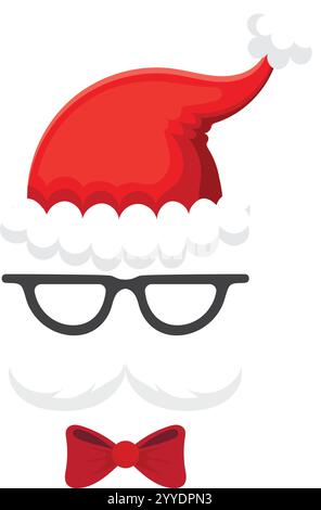 Weihnachtsillustration mit einem hippen Weihnachtsmann mit trendiger Brille, einem leuchtend roten Weihnachtsmann-Hut und einer stilvollen roten Schleife vor einem Clean Stock Vektor