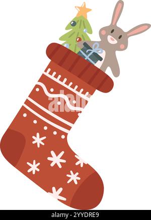 Roter Weihnachtsstrumpf mit weißen Schneeflocken mit Weihnachtsgeschenken und einem kleinen geschmückten Weihnachtsbaum, der von einem niedlichen Häschen gehalten wird, isoliert auf weiß Stock Vektor