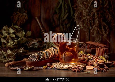 Tasse Kräutertee mit verschiedenen getrockneten Kräutern, Blumen und Gewürzen. Tee mit Zutaten und Scheiben getrockneter Zitrusfrüchte. Stockfoto