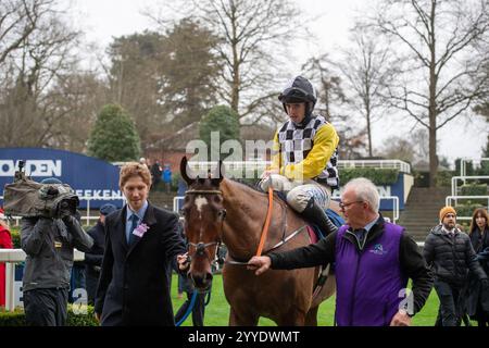 Ascot, Berkshire, Großbritannien. Dezember 2024. Darragh O’Keeffe gewinnt das Howden Graduation Steeple Chase Class 2 GBB Race beim Howden Christmas Family Raceday auf der Ascot Racecourse in Berkshire. Besitzer Malcolm C Denmark, Trainer Henry de Bromhead, Züchter Noel O’Brien. Quelle: Maureen McLean/Alamy Live News Stockfoto