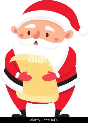 Der Weihnachtsmann hält eine lange Schriftrolle in der Hand, die vermutlich die Weihnachtswünsche der Kinder enthält und ein Gefühl der Vorfreude und Begeisterung für sie vermittelt Stock Vektor