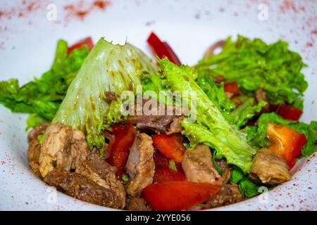 Ein lebhafter Salat mit knusprigem Salat, saftigen Tomaten und zartem gegrilltem Fleisch, serviert in einer weißen Schüssel. Die Mischung bietet eine herrliche Mischung aus Aromen Stockfoto