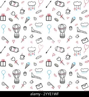 Nahtloses Muster mit romantischen Elementen mit Herz, Ballon, Heißluftballon, Cupid, Schloss, Schlüssel, Lippen, Kaffeetasse, Ring, Eis, Süßigkeiten, Geschenkbox Stock Vektor