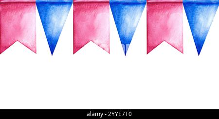 Nahtlose Grenze mit festlichen Flaggengirlanden. Rosa und Blau. Dekorative Elemente für Feiertage und Partys. Handgemachte Aquarellillustration. Für gre Stockfoto