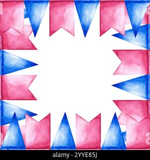 Nahtlose Grenze mit festlichen Flaggengirlanden. Rosa und Blau. Dekorative Elemente für Feiertage und Partys. Handgemachte Aquarellillustration. Für gre Stockfoto
