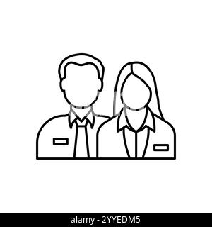 Lineares Symbol für Firmenmitarbeiter. Mann und Frau in Uniform. Offizielle Unternehmensvertreter. Anpassbare Darstellung für dünne Linien Stock Vektor