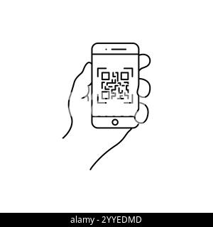 Symbol für QR-Code. Abbildung des qr-Code-Vektors zum Scannen von Mobiltelefonen. Hand hält ein Telefon mit isoliertem Scannersymbol. Stock Vektor