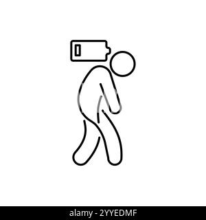 Symbol für müde Person, Ermüdung oder erschöpft, mangelnde Batterieleistung, niedrige Ladung, Burnout Arbeitsplatz, Spannung, Symbol für dünne Linien auf weißem Hintergrund Stock Vektor