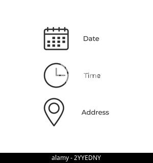 Symbol für Datum und Uhrzeit Standort Adresse. Symbol für Kalender, Uhr, Ortsangabe. Signieren des Vektordesigns für Ereignisdaten. Stock Vektor