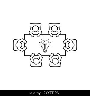 Symbol für Brainstorming und Teamwork. Geschäftstreffen. Gruppe von sechs Personen im Konferenzraum, die an einem Tisch sitzen und gemeinsam an neuen kreativen Projekten arbeiten Stock Vektor