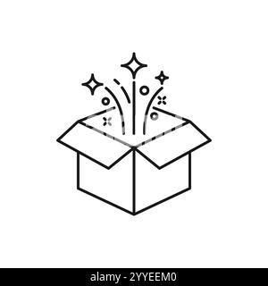 Umrisssymbol für Magic Box. Lineares Schild für mobiles Konzept und Webdesign. Öffnen Sie Geschenkbox und Magic Stars einfache Linie Vektor-Symbol. Symbol, Logo illus Stock Vektor