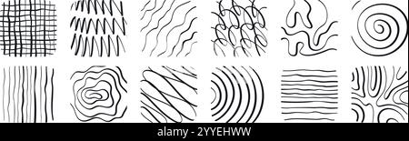 Abstrakte handgezeichnete Linie mit Pinselstrichen, Spiralen. Moderne, skizzenhafte Kritzeleien mit Textur, geometrischen Symbolen. Illustration des flachen Vektors Stock Vektor