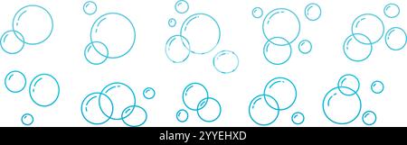 Von Hand gezogenes Doodle aus Seifenblasen und Schaum in Luft, Bad oder Limonade. Symbole für Wasser und Limonade. Flache Vektorillustration isoliert auf weißem Hintergrund. Stock Vektor