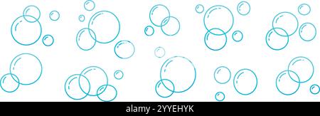Von Hand gezogenes Doodle aus Seifenblasen und Schaum in Luft, Bad oder Limonade. Symbole für Wasser und Limonade. Flache Vektorillustration isoliert auf weißem Hintergrund. Stock Vektor