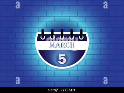 Kalenderschild vom 5. März auf blauem Neonmauerhintergrund. Flaches Design. Datum, Tag und Monat. Vektorabbildung. Stock Vektor