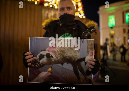 Madrid, Spanien. Dezember 2024. Ein Aktivist hält ein Plakat während einer Tierschutzkundgebung. Pro-tierische Aktivisten von „Animal Save“ haben Madrids Puerta del Sol mit dem Slogan „Weihnachten: Das fest der Schlachthöfe“ aufgeführt. (Foto: David Canales/SOPA Images/SIPA USA) Credit: SIPA USA/Alamy Live News Stockfoto